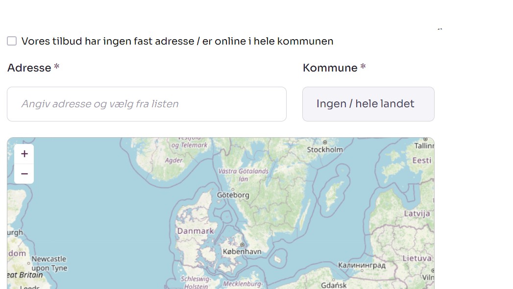 Skærmbillede fra Socialkompas der viser hvor man angiver geografisk placering